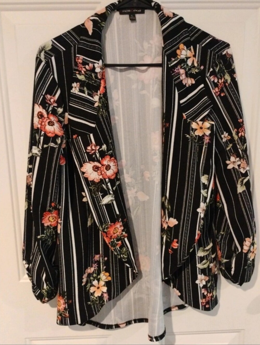 Moa Moa Floral Striped Open Front Blazer Jacket Ruched Sleeve - XL Plus Size
